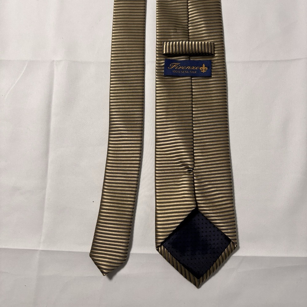 Firenze‎ Tie Italy Gold 3D Ribbed Patterned Silk Neck tie Striped Long 61x3.5
